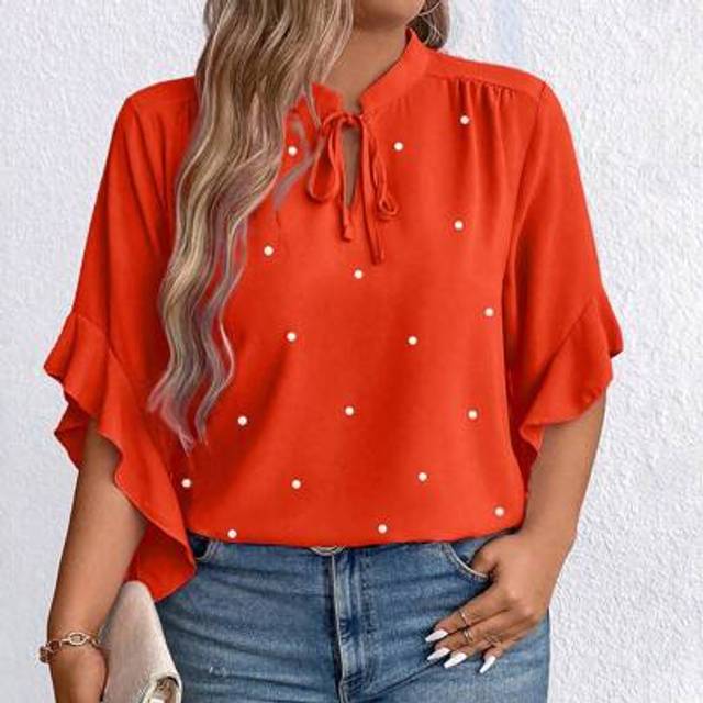 SHEIN Plus Size Women Solid Color Tie Neck Short Sleeve Loose Faux Pearl Blouse