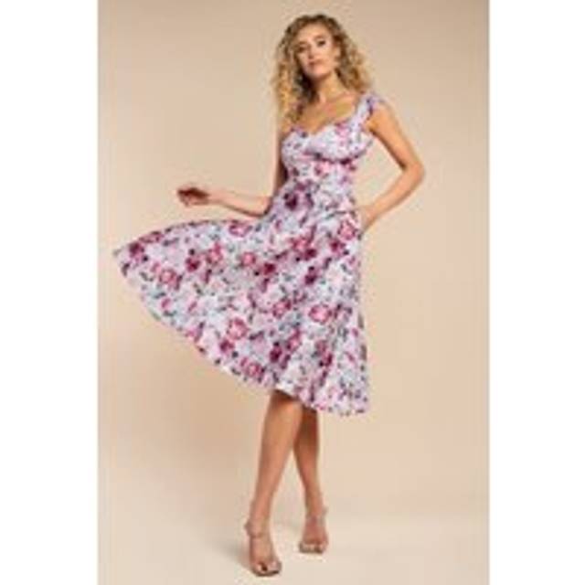 Floral Print A-Line Sweetheart Midi Dress - Blush Pink by Goddiva - 16