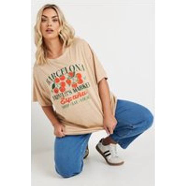 Yours Curve Natural Brown 'Barcelona' Slogan Tshirt, Women's Curve & Plus Size, Yours - 16