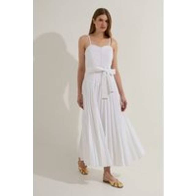 Tall Cotton Top Stitch Dropped Waist Woven Strappy Midi Dress - White