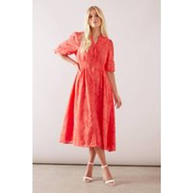 Womens Petite Floral Jacquard Button Midi Dress - Coral - 16