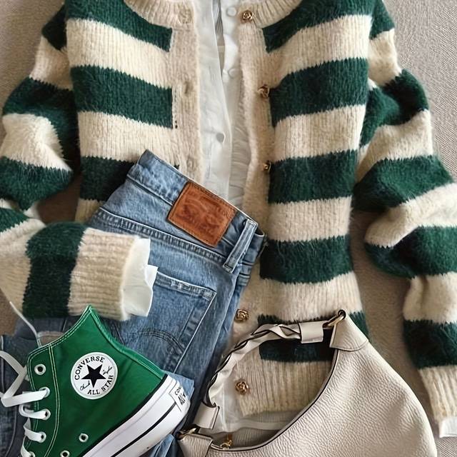 TEMU Women's Casual Striped Wool Cardigan Sweater - , Open Front Button , Sleeve Cozy Fall Winter Knitwear, Sweater Cardigan