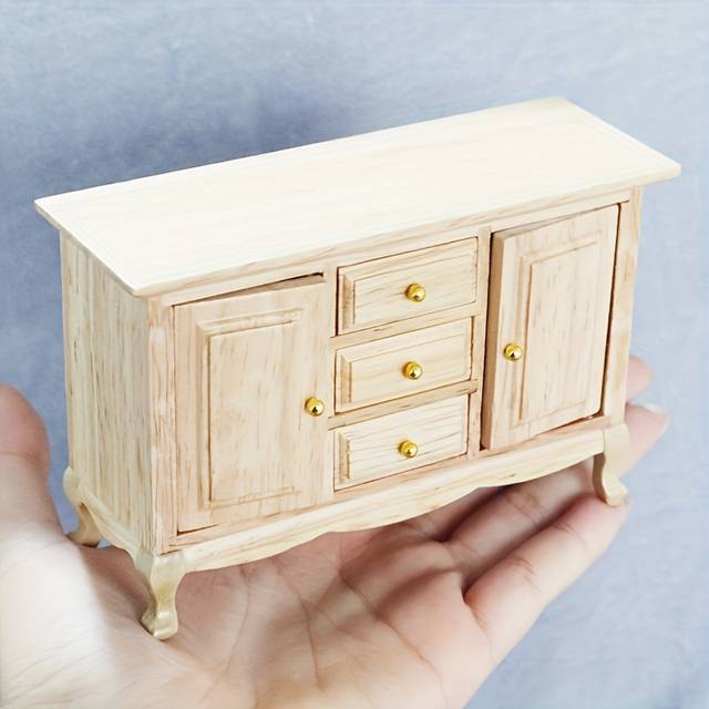 TEMU 1:12 Dollhouse Dollhouse Mini Furniture Model Micro Scene Solid Wood Two-door -drawer Cabinet Blank Model Ornaments Shooting Props