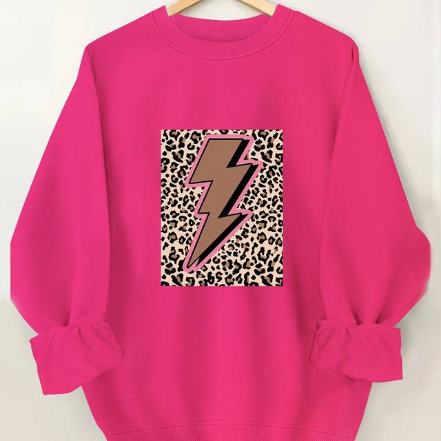 TEMU Women's Casual Long Sleeve Crew Neck T-shirt - Vibrant Pink Cartoon Letter & Leopard Print Graphic, 100% Polyester, Machine Washable, Spring/fall Top