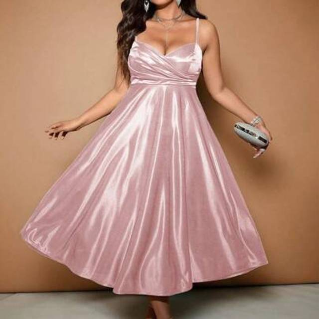 Cravure Plus Size Elegant Satin Flounce Hem Party Slip Dress, For Christmas Maxi Women Outfit Prom
