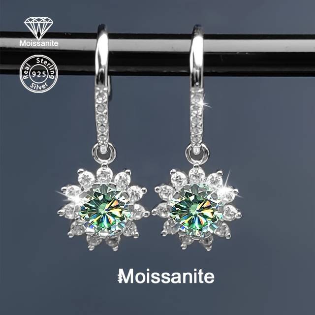 TEMU 925 Silver 1 Carat Moissanite Sunflower Snowflake Earrings - Luxurious Versatile Women's Jewelry For Birthday, Valentine's Day, Christmas, Halloween, New Year, Vacation, Party, Wedding