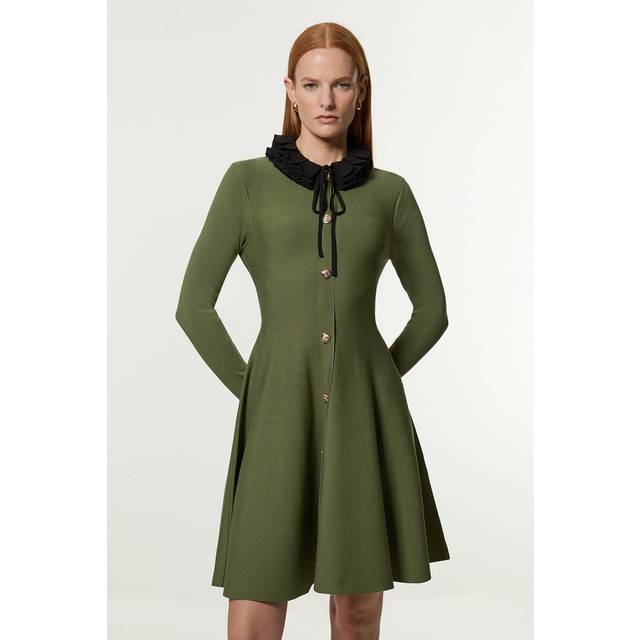 Military Trim Woven Collar Knit Skater Dress - Olive
