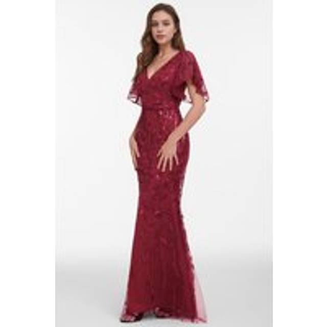 Elegant V Neck Ruffle Sleeve Leaf Embroidery Maxi Fishtail Evening Dress - Burgundy - 10