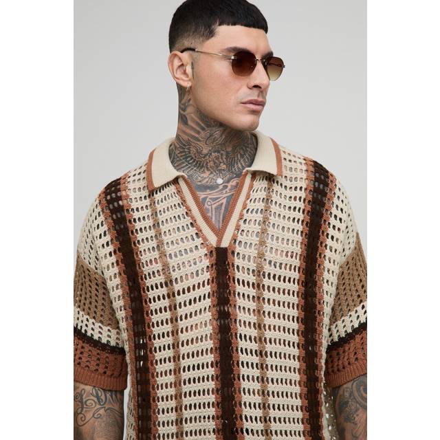 Tall Boxy Oversized Stripe Open Knit Polo - Brown - L