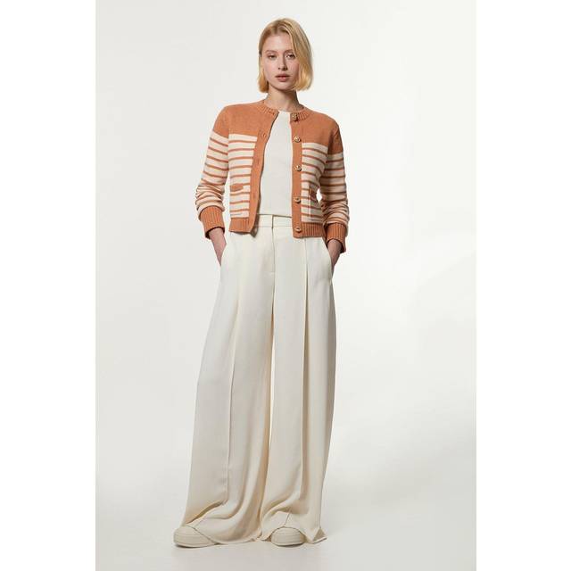 Cotton Cropped Knit Boxy Striped Cardigan - Oatmeal