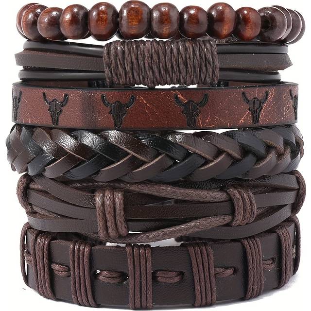 TEMU 6pcs Western Style Cowhide Leather Embossed Men's Bracelet Diy Beaded Braided Leather Bracelets