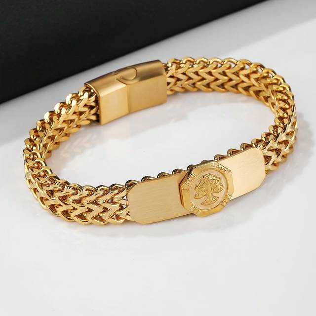 TEMU 1pc Titanium Steel 18k Golden Plated Small Tree Shaped Men's Bracelet, For Couple And Dating And Valentine's Day Gift