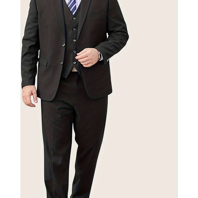 TEMU 3pcs, Plus Size, Men' Single Breasted Blazer Jacket With Notch & Sleeveless V-neck Button Up Waistcoat & Suit Pants Set, Men's Plus Size Suit Set For Business & Formal Occasion