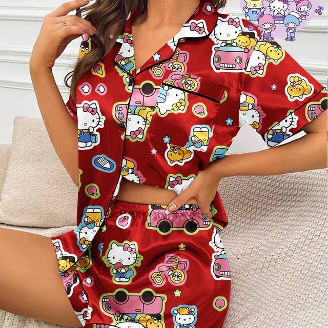 TEMU 1 Set Hello Kitty Women's Satin Pajama Set - Casual Short Sleeve Lapel Top And Shorts, Cartoon Pattern, Woven Polyester 97% Elastane 3%, Summer Sleepwear For Teens