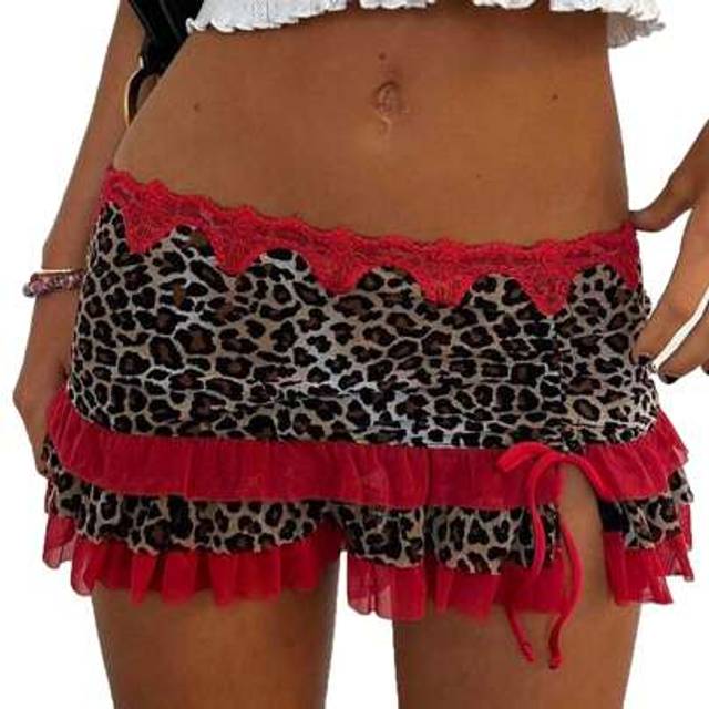 SHEIN Women Leopard Print Low Rise Mini Skirt Y2k Contrast Mesh Layered Skirts