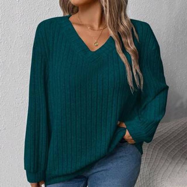 SHEIN Plus Size Women Loose V-Neck Wide Ribbed Gray Casual Pullover Sweatshirt, Autumn/Winter Graduation,Back To School Outfits,Graduation,Teacher Outfits F