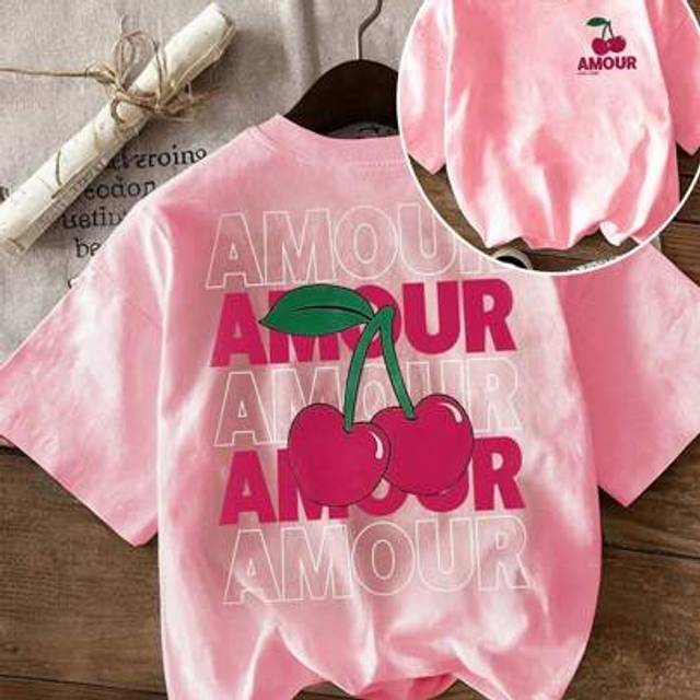 Flirla Cherry &#34;AMOUR&#34; Pattern Women&#39;s Casual Round Neck Short Sleeve T-Shirt