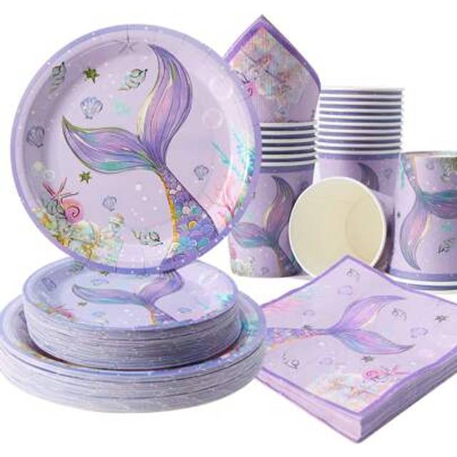 SHEIN Purple Mermaid Tail Theme Disposable Plates, Napkins & Cups, Butterfly &#34;Happy Birthday&#34; Plates, Napkins & Cups, Serve 25 Guests, One-Time Disposable T
