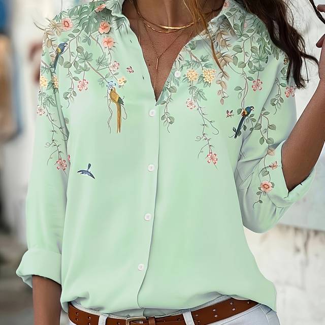 TEMU Women's Chic Floral Print Long Sleeve Collared Blouse - Light Green, Polyester, Machine Washable, , Floral Print Blouse