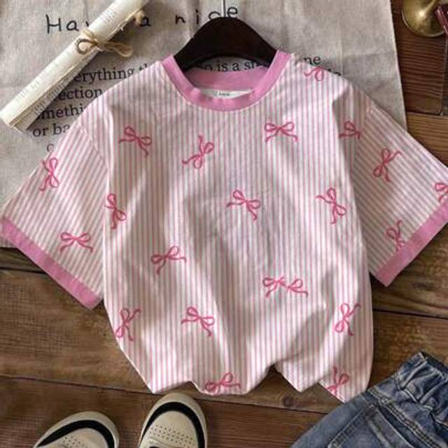 SHEIN Cute Striped Bow Print, Pink, Tween Girls Casual Minimalist Short Sleeve Crew Neck T-Shirt, Suitable For Summer
