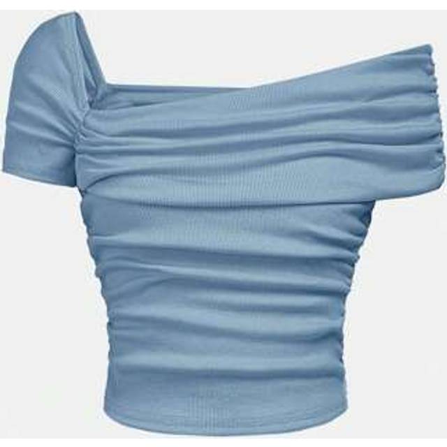SHEIN Ribbed Knit One Shoulder Ruched Fitted Casual Solid T-Shirt For Teen Girl