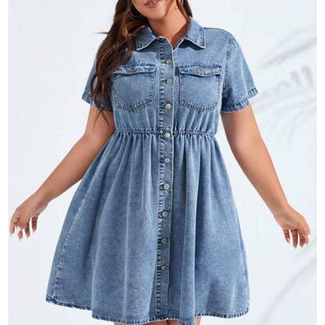 SHEIN Plus Flap Pocket Shirt Denim Dress