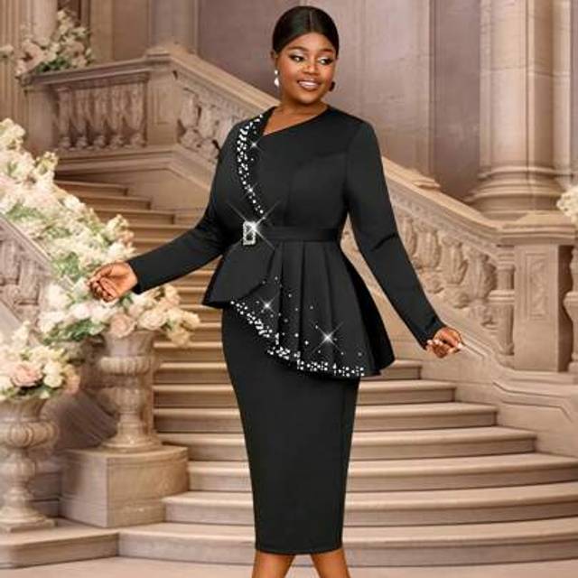 SHEIN Elegant Black Bodycon Dresses Long Sleeves Peplum Asymmetric Collar Beading Belly Cover
