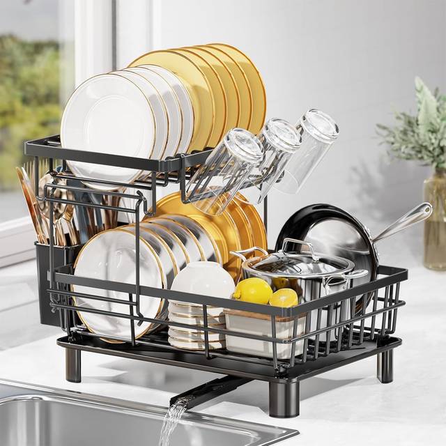 TEMU 2 Tier Dish Drainer Rack With Drip Tray, Detachable Dish Drying Rack With Swivel Drainage Spout, Utensil & Cup Holder,dish Rack For Kitchen Counter, Metal