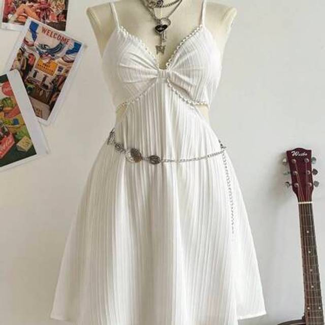 Comfortcana Plus Size Women&#39;s Vacation White Waist Hollow V-Neck Back Cable Suspender Dress,Summer Dresses For Women,Coconutgirl,Grils Trip