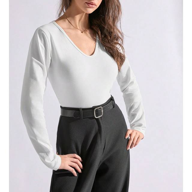 SHEIN Women&#39;s Solid V-Neck Casual Long Sleeve T-Shirt