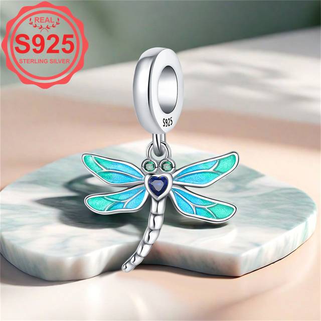 TEMU 1pc 925 Sterling Silver Dragonfly Pendant Charm, Gradient Blue With Green Accents, Elegant Fashion Style, Luxury Gift For Women