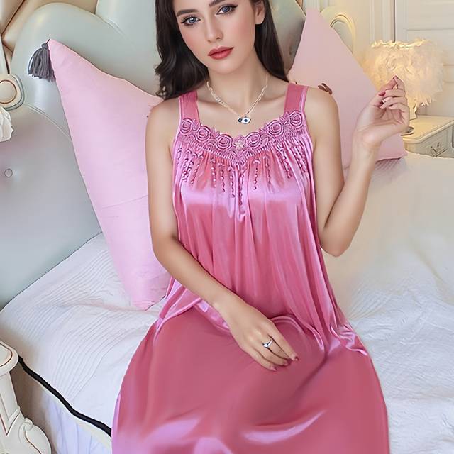 TEMU Plus Size Women's Sexy Sleeveless Spaghetti Strap Sleep Dress - Lightweight Ice Sliky Fiber Mid-length Nightgown, Vibrant Red Non-see-through Summer Pajama & Lounge Wear