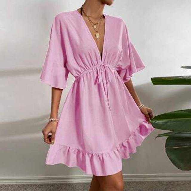 SHEIN Short Sleeve V-Neck Chiffon Cover Up, Solid Color, Minimalist & Stylish, Suitable For Summer