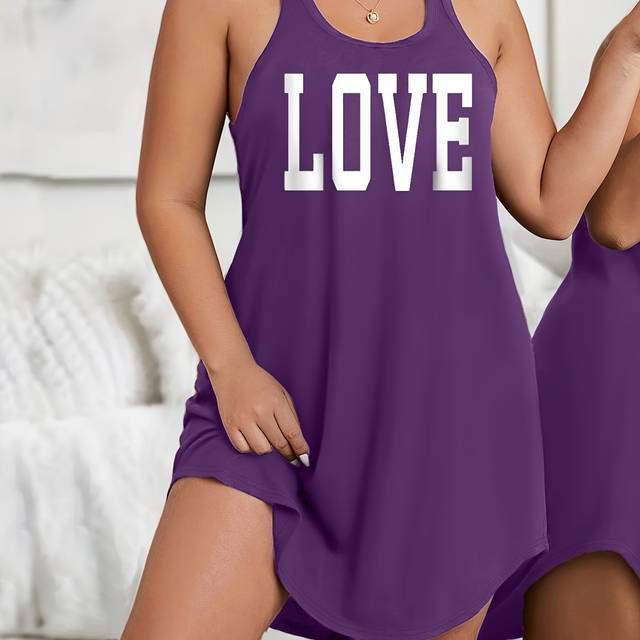 TEMU Plus Size Women's Love Letter Print Sleeveless Sleepshirt Nightgown - Maroon Relaxed Dress, Machine Washable For Home & Casual Wear, Ladies Sleepwear