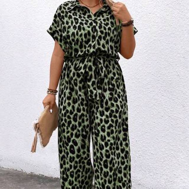 SHEIN Plus Size Leopard Print Short Sleeve Jumpsuit, Fashionable For Summer