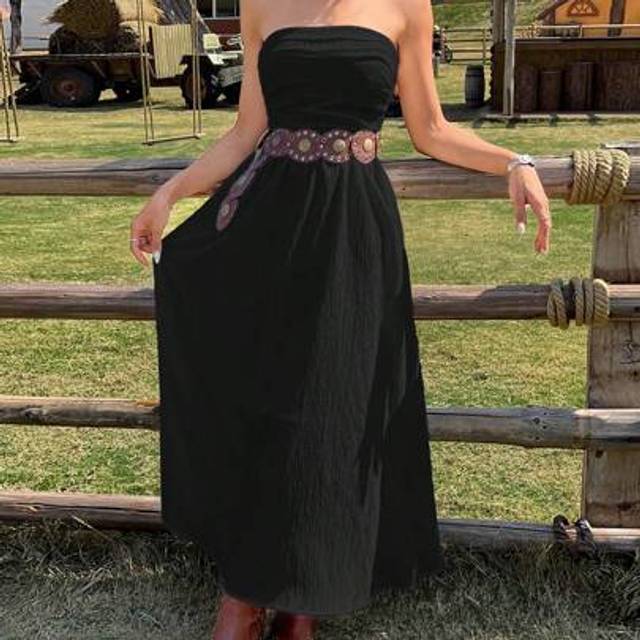 SHEIN Women&#39;s Black Strapless Maxi Dress: Sleeveless Woven Fabric Flared Hem Casual Style Long Dress