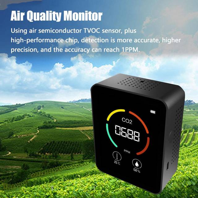Air Quality Monitor Portable Carbon Dioxide Detector 3-in-1 CO2 Temperature Humidity Meter TVOC black