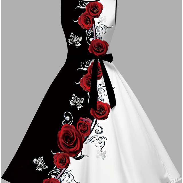 TEMU Women's Elegant Floral Print Bodycon Dress - Black & White With Red Roses, Short Sleeve Round Neck Summer Machine Washable, Cute Bodycon Dress, Stylish Outfit, Decorative Detailing