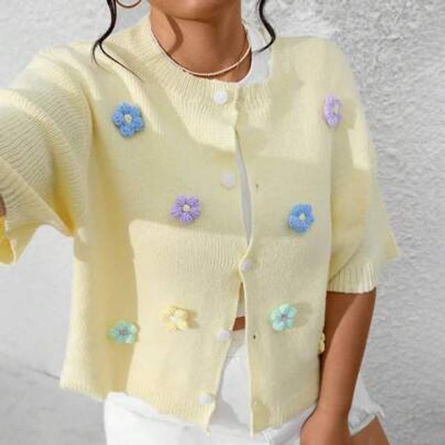SHEIN Plus Size Casual Floral Color Block Button Front Knit Short Sleeve Cardigan