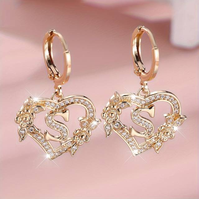 TEMU Cubic Zirconia Heart Drop Earrings With Letter Engraving A-z, Synthetic Zirconia Dangle Earrings, Copper Ear Needle, No Plating, With , For Women, Over 15 Years Old, College Theme