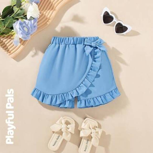 SHEIN 1pc Girls Summer New Simple Asymmetric Ruffle Front Casual Versatile Beach Holiday Blue Dress With Shorts