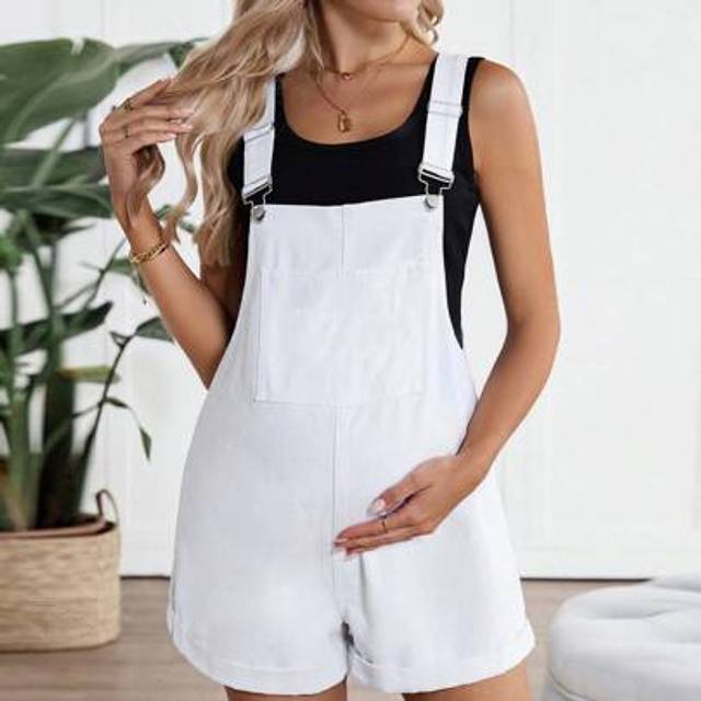 SHEIN Pregnant Women Denim Bib Pants And Jumpsuit Casual Fitted Bib Shorts, White, Beach Outfits For Maternity, Summer/Summer Outfits For Women, Suitable Fo