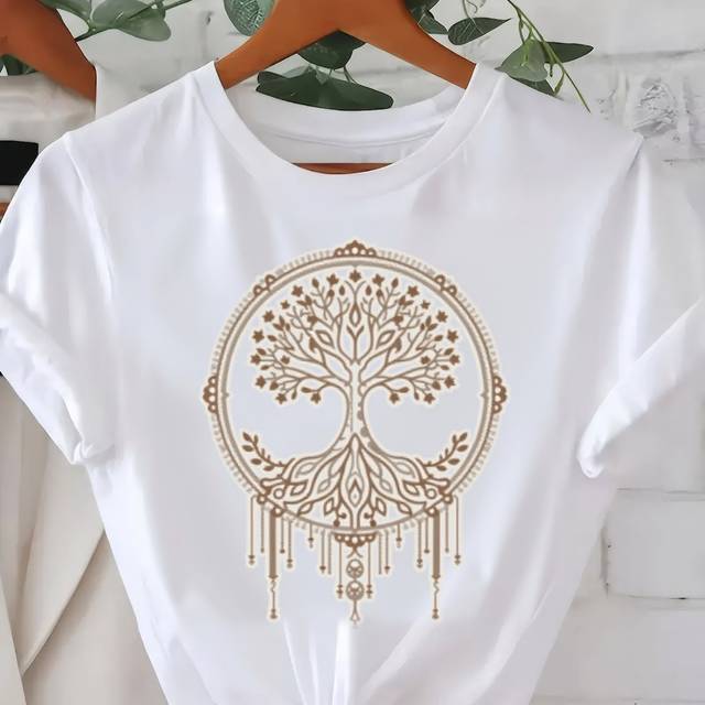 TEMU Women' T-shirt - Bohemian Short Sleeve Top, Vibrant Red With White Intricate Design, Round Neck Casual Tee, Machine Washable Regular -season Wear