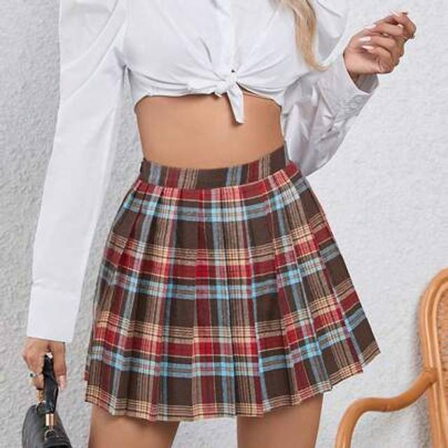 Flirla Casual Collegiate Plaid Print Pleated Skirt