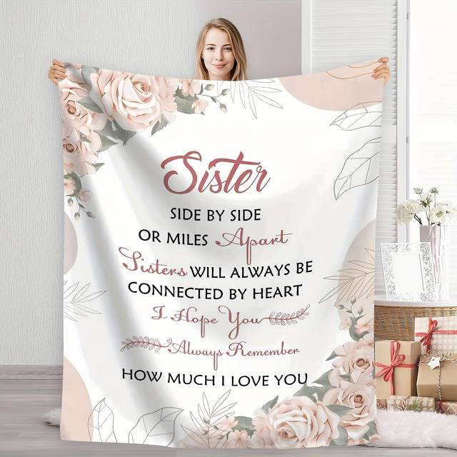 TEMU Sister Love Flannel Blanket - Message "sisters By Side Or Miles Apart" With Pink Roses & Green Leaves, Soft & Cozy, , Machine Washable, Perfect Gift For Sisters, Cute Blanket