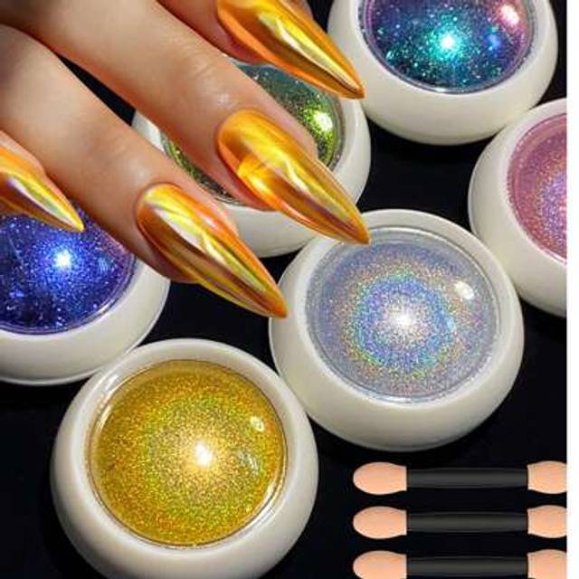 SHEIN 6-Color 6Boxes Glitter Magic Mirror Nail Powder - Chameleon Aurora Effect, Chrome Pigment, Metallic Nail Decoration For Nail Art