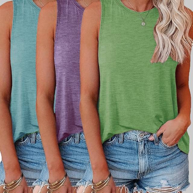 TEMU 3pcs Women's Sleeveless Tank Top Set - Vintage Style, Solid Color Crew Neck Vests For Spring/summer/fall, Medium Stretch Fabric, Casual & , Cute Tank Tops