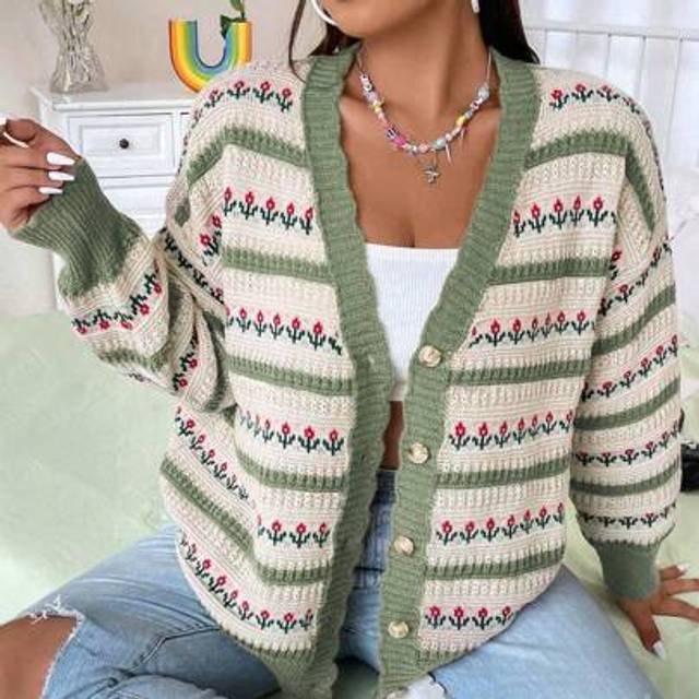Plus blommönster Drop Shoulder Cardigan, vinter - Grön (0XL,1XL,2XL,3XL)