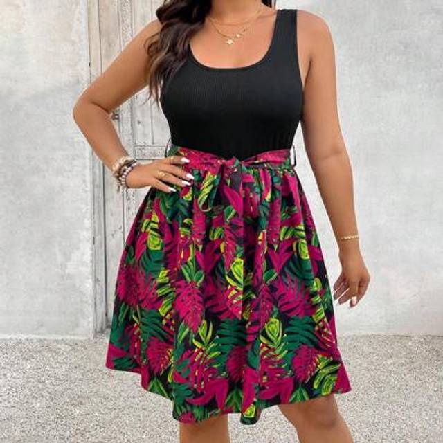 SHEIN Plus Size Summer Holiday Women Black Knit Camisole Tropical Plant Print Short Dress, Casual Boho Beach Loose Dress, Mother&#39;s Day Dress Summer Boho Wom