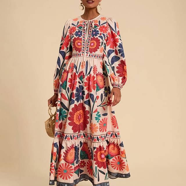 TEMU Printed Maxi Dress With Long Sleeves And Decorative Drawstring Waist - Casual Round Neck, Vibrant Floral Pattern, Wear For Women